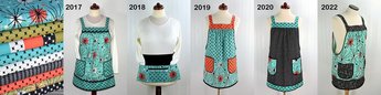 multiple handmade aprons featuring the Atomic quilting fabrics by Michael Miller
