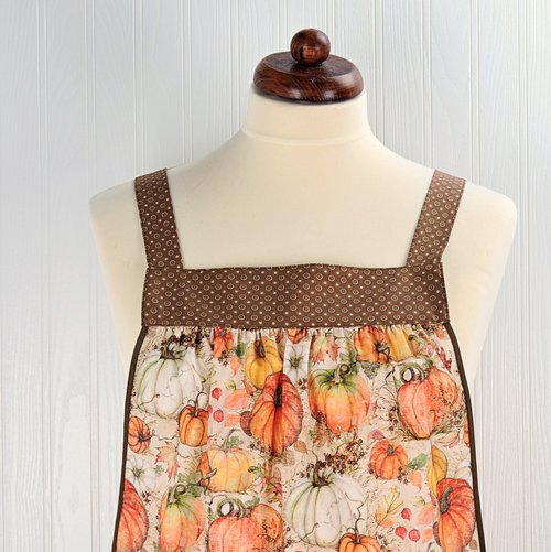 XS - 5X Harvest Pumpkins Pinafore with no ties, relaxed fit smock with pockets, fall apron, Susan Winget Harvest