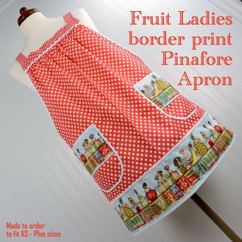 XS - 5X Fruit Ladies Border-Print Pinafore with no ties, relaxed fit smock with pockets, humorous beach theme apron