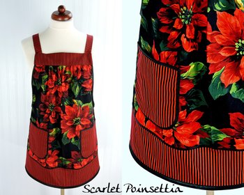 SHIPS FAST~ Scarlet Poinsettia Pinafore with no ties, relaxed fit smock with pockets, red flowers on black, (fits L/XL/2X) ready to ship