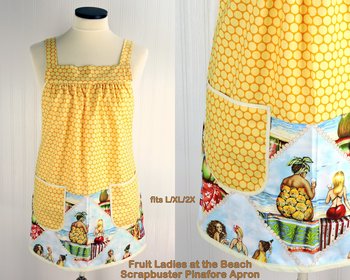 SHIPS FAST~ Fruit Ladies at the Beach Scrapbuster Pinafore, retro smock with pockets, doesn't touch neck, ready to ship fits L/XL/2X