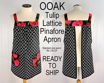 SHIPS FAST ~ Tulip Lattice Pinafore Apron with no ties, plus size smock apron with pockets, Standard Size (fits L/XL/2X) ooak, ready to ship