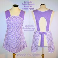Lavender Petite Damask Retro 50s Smock Apron, relaxed fit "H-back" doesn't touch neck, made to order XS - 4X  w/ pocket options, OOP fabrics