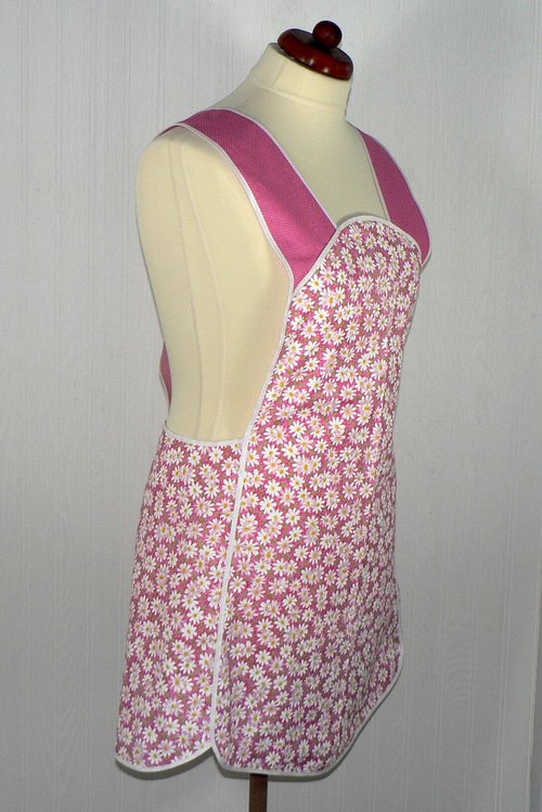 Retro 50s Smock (Daisies and Pin-dots in Pink) hostess apron, H-back style doesn't touch the neck, handmade after order XS to 5X Plus Size