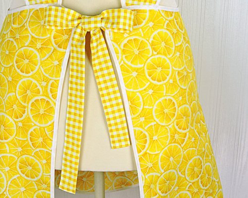 Lemon Slices & Gingham 50s Smock Apron, relaxed fit "H-back" doesn't touch neck, "first sample" fits L/XL, SHIPS FAST