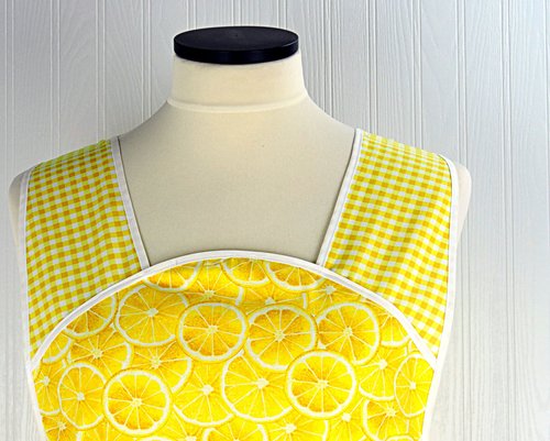 Lemon Slices & Gingham 50s Smock Apron, relaxed fit "H-back" doesn't touch neck, "first sample" fits L/XL, SHIPS FAST