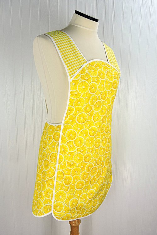 Lemon Slices & Gingham 50s Smock Apron, relaxed fit "H-back" doesn't touch neck, "first sample" fits L/XL, SHIPS FAST
