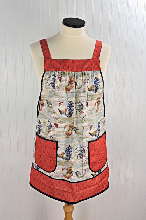 Rustic Roosters Pinafore with no ties, relaxed fit smock with pockets, straps go straight over the shoulders, made to order XS - 5X