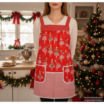 Retro Holiday Hostess Pinafore Apron with no ties, relaxed fit smock with pockets, red and white Christmas apron fits L/XL/2X, ships fast