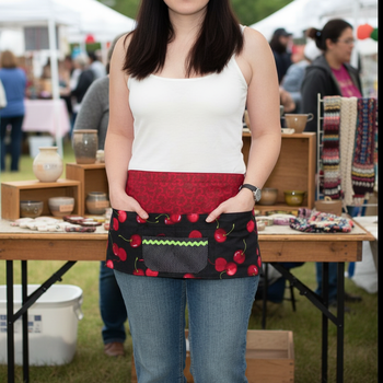 Sweet Cherry Multi-Pocket Half Apron with Secure Zipper Pocket; ready to ship, fits waist up to 40"