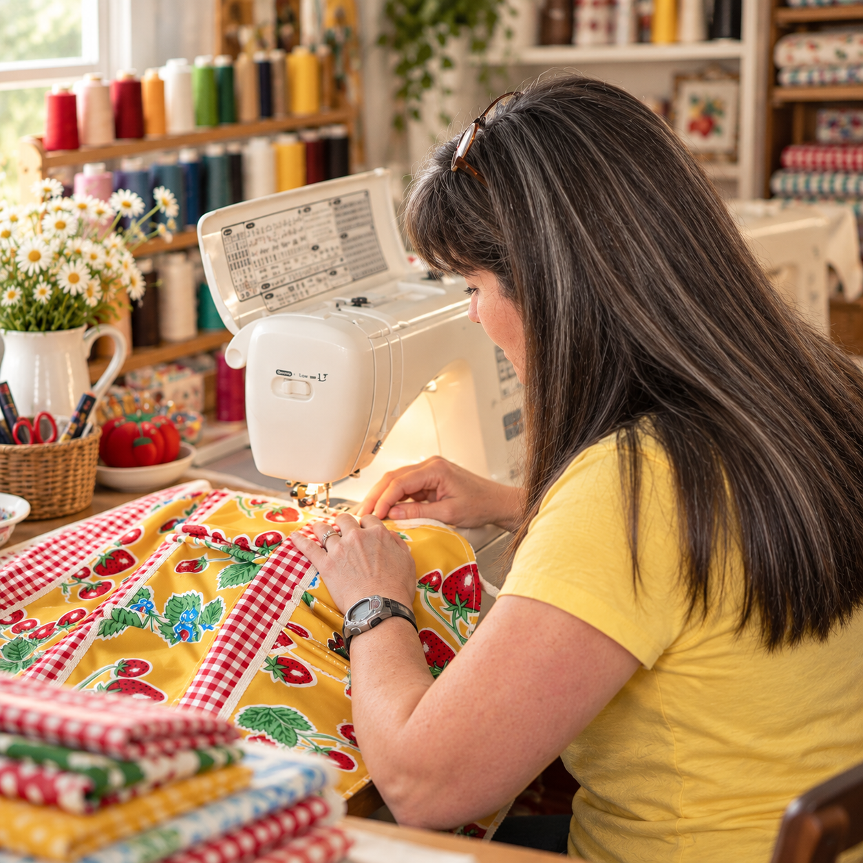 Laurie, owner and seamstress of Laurie's Gifts, sewing colorful strawberry-print fabric at her sewing machine./about-me