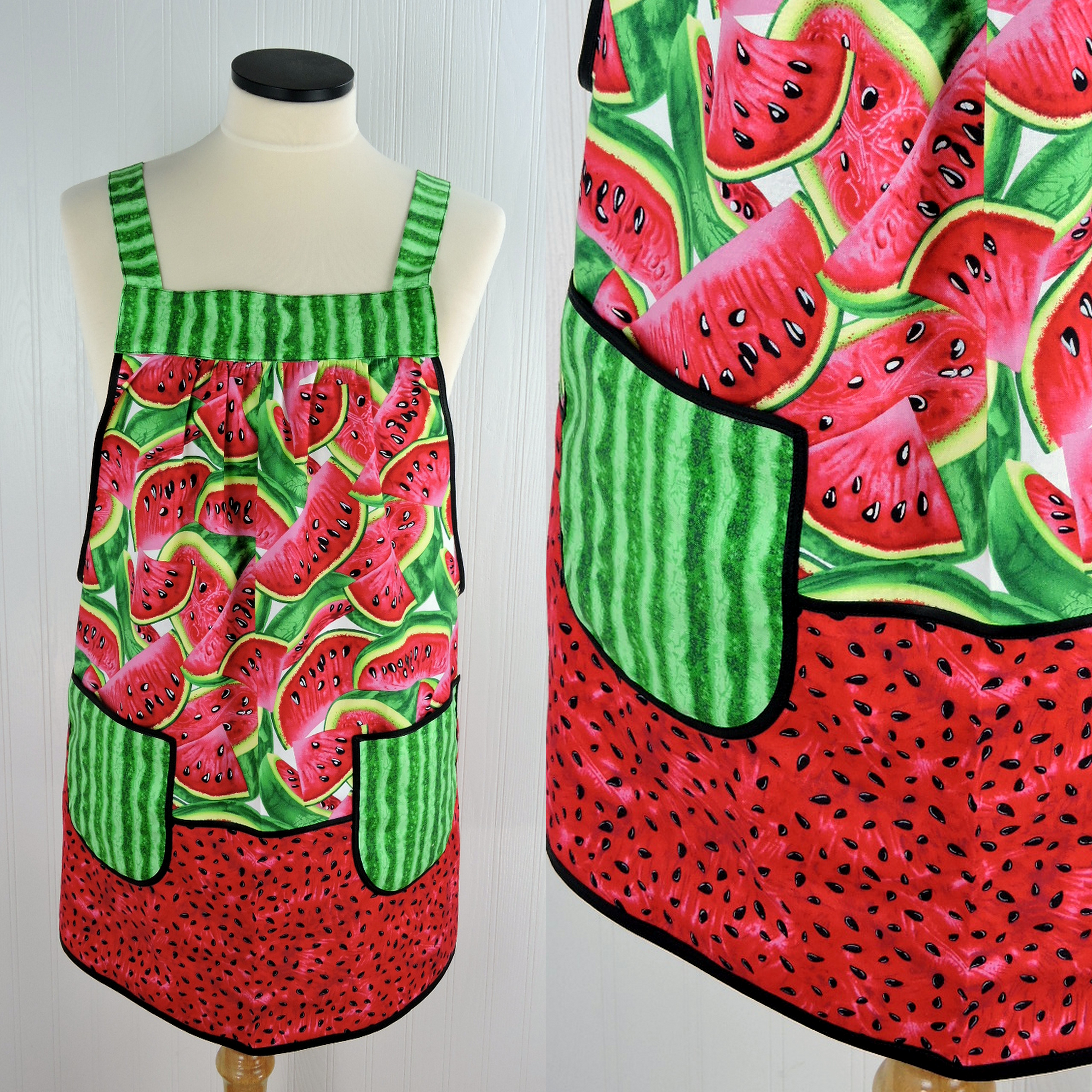 Handmade no-tie cotton pinafore apron with straight shoulder straps, gathered front, and roomy pockets by Laurie's Gifts.
