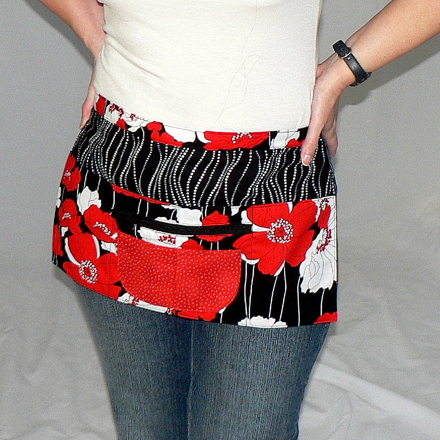 Handmade multiple pocket apron with 3 open pockets, a smaller patch pocket divided into 2 sections, PLUS a secure zipper pocket by Laurie's Gifts.