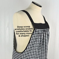 Cherries and Black Gingham Pinafore with no ties (XS to 5X) relaxed fit smock with pockets, retro farmhouse apron