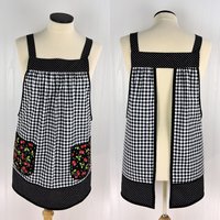 Cherries and Black Gingham Pinafore with no ties (XS to 5X) relaxed fit smock with pockets, retro farmhouse apron