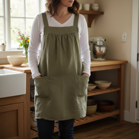 XS - 5X Olive Green Washed Linen Pinafore Apron with no ties, 100% flax linen relaxed fit smock with pockets, handmade after order
