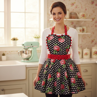 Retro 50s Twirly Skirt Apron (Polka Dots & Roses on black) heart-shaped bib, flirty photo prop, ready to ship gift for her