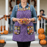 Purple Boppity Boo Halloween Pinafore Apron with no ties fits L/XL/2X, relaxed fit smock with pockets, ready to ship now