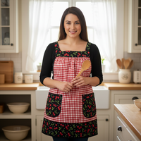 XS to 5X Red Gingham and Cherries Pinafore Apron with no ties, relaxed fit smock with pockets, retro kitchen apron