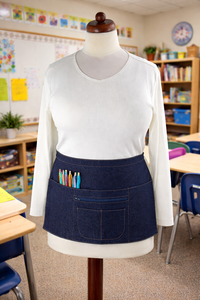 Indigo Denim Half Apron, sturdy 6 Pocket Waitress Apron with zipper pocket, ONE apron fits waists up to 40" ready to ship