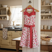 Pink Cherry Dot Twirly Skirt Apron (sweetheart neckline) flirty photo prop, retro diner apron with pocket, one size