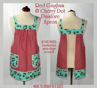 XS to 5X Red Gingham and Aqua Cherry Dot Pinafore with no ties, relaxed fit smock with pockets, retro baking apron