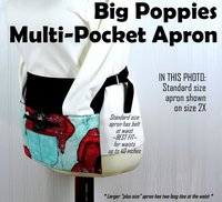 Big Poppies multi-pocket apron, floral waist apron with zipper pocket for vendors, teachers, servers, standard size fits waists up to 40 in.