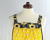 Charming Bees & Sunflowers Pinafore with no ties, relaxed fit smock with pockets, sunny yellow kitchen apron  XS - 5X