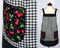 Cherries and Black Gingham Pinafore with no ties (XS to 5X) relaxed fit smock with pockets, retro farmhouse apron