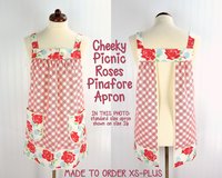 XS to 5X Picnic Roses Pinafore with no ties, relaxed fit smock with pockets, retro farmhouse apron made to order