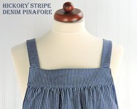 Hickory Stripe Denim Pinafore with no ties, relaxed fit blue jean apron, sturdy artist smock with pockets XS to 5X