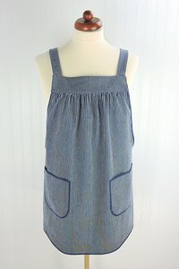 Hickory Stripe Denim Pinafore with no ties, relaxed fit blue jean apron, sturdy artist smock with pockets XS to 5X