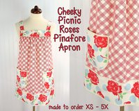 XS to 5X Picnic Roses Pinafore with no ties, relaxed fit smock with pockets, retro farmhouse apron made to order