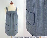 Hickory Stripe Denim Pinafore with no ties, relaxed fit blue jean apron, sturdy artist smock with pockets XS to 5X