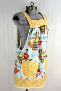 SHIPS FAST~ XS/S/M Fruit Ladies at the Beach Scrapbuster Pinafore, retro smock with pockets, no tie apron doesn't touch neck, ready to ship