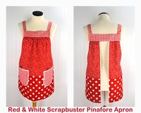 Red & White Scrapbuster Pinafore, relaxed fit smock with pockets, comfortable (doesn't touch neck) made to order XS to 5X plus size