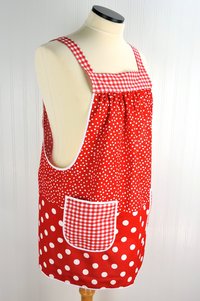 Red & White Scrapbuster Pinafore, relaxed fit smock with pockets, comfortable (doesn't touch neck) made to order XS to 5X plus size