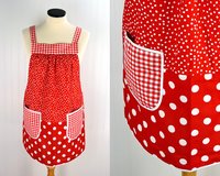 Red & White Scrapbuster Pinafore, relaxed fit smock with pockets, comfortable (doesn't touch neck) made to order XS to 5X plus size
