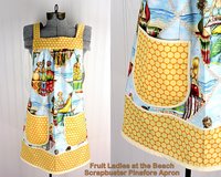 SHIPS FAST~ XS/S/M Fruit Ladies at the Beach Scrapbuster Pinafore, retro smock with pockets, no tie apron doesn't touch neck, ready to ship