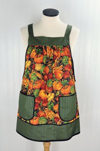 Bountiful Harvest Pinafore Apron with no ties, relaxed fit smock with pockets, fall pumpkins, made to order XS to 5X