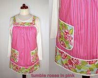 Pink Tumble Roses (with pink stripe) Pinafore with no ties, relaxed fit smock apron with pockets, OOP fabric, made-to-order XS - 5X