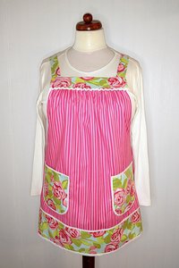 Pink Tumble Roses (with pink stripe) Pinafore with no ties, relaxed fit smock apron with pockets, OOP fabric, made-to-order XS - 5X