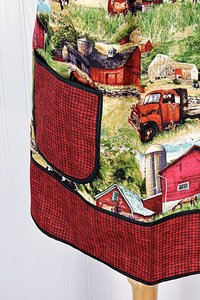 Vintage Farm Scene Pinafore with no ties, relaxed fit smock with pockets, Red Barn- Truck- Horses- Cows- Tractor