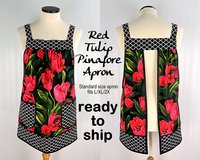 SHIPS FAST ~ Red Tulips Pinafore Apron with no ties, plus size smock apron with pockets, Standard Size (fits L/XL/2X) ready to ship now