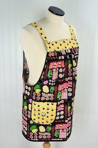 SHIPS FAST~ I Love Sushi Pinafore Apron with no ties, Japanese bento box on gray, relaxed fit smock with pockets fits L/XL/2X, Ready to Ship