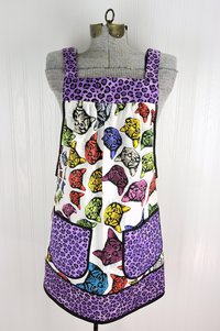 SHIPS FAST ~ Purple Catfinity Pinafore Apron with no ties, relaxed fit smock apron with pockets, Smallest Size (fits XS-S-M) ready to ship