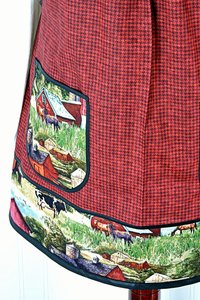 SHIPS FAST~ Vintage Farm Scene (on red) Pinafore with no ties, relaxed fit smock with pockets, Red Barn- Horses- Cows- Tractor, fits L/XL/2X
