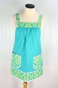 SHIPS FAST~ Pinafore Apron with no ties (Dandy Damask and Polka Dots in Lagoon) relaxed fit smock with pockets, standard size fits L/XL/2X