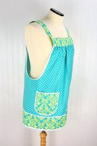 SHIPS FAST~ Pinafore Apron with no ties (Dandy Damask and Polka Dots in Lagoon) relaxed fit smock with pockets, standard size fits L/XL/2X