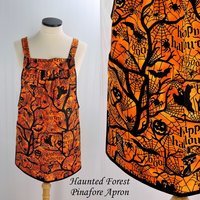 Haunted Forest Pinafore Apron with no ties, relaxed fit smock with pockets fits L/XL/2X, black and orange Halloween apron, Ready to Ship